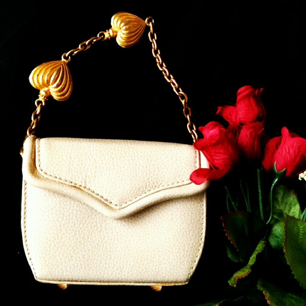 Vintage Designer Vicenza 1993 Leather Cream Mini Evening Bag Gold Detail